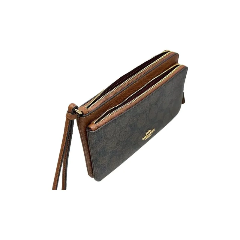 COACH Double Zip Wallet Canvas With Leather Coin Purse Wrist Bag Wallet Women's Black & Brown-1