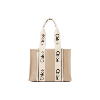 Chloe Woody Linen & Metal Calfskin Tote Bag, Shopping Bag, Handbag Medium Size Women's Light Gold