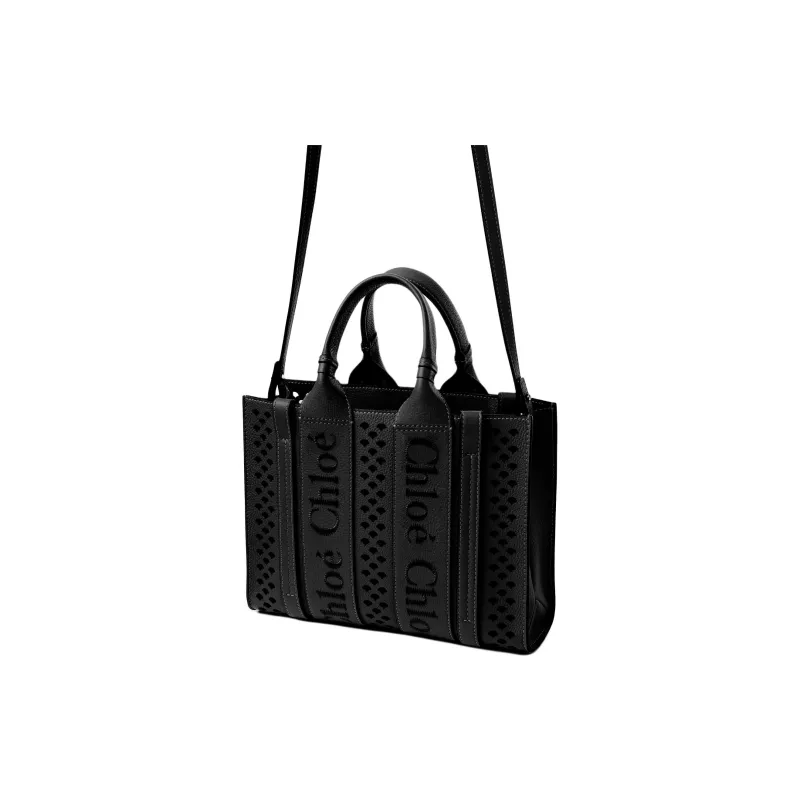 Chloe Woody Grain Calfskin Tote Bag, Shopping Bag, Shoulder Bag, Crossbody Bag, Handbag Small Size Women's Black-1