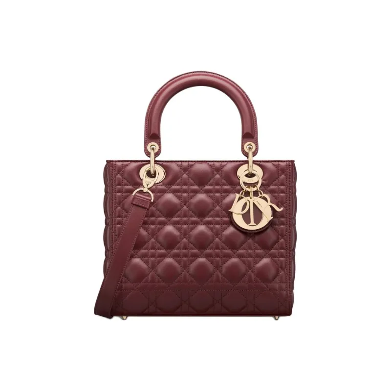 DIOR Lady Dior Wicker Pattern Lambskin Dior Bag Shoulder Bag Crossbody Bag Handbag Medium Size Women's Burgundy-0