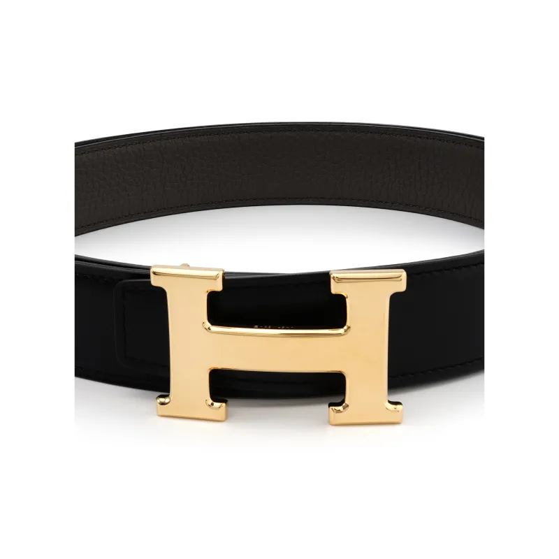 HERMES Cow Leather Leather Belts Men's Black/Tin Gray Width: 3.2cm-1