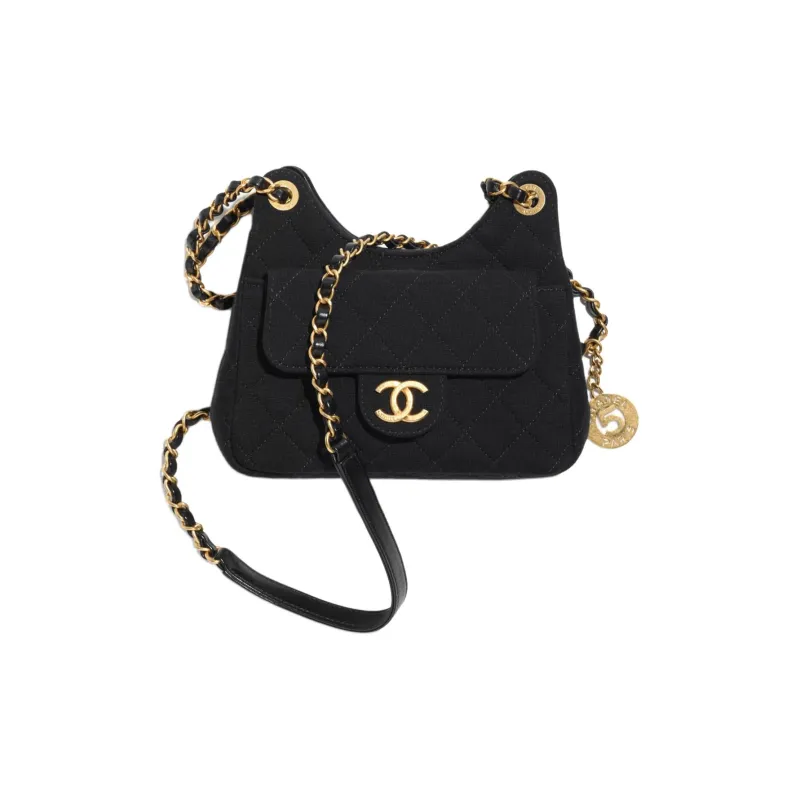 CHANEL 23C Spring HOBO Wool Jersey Knitted Fabric Shoulder Bag, Crossbody Bag Trumpets Women's Black-0
