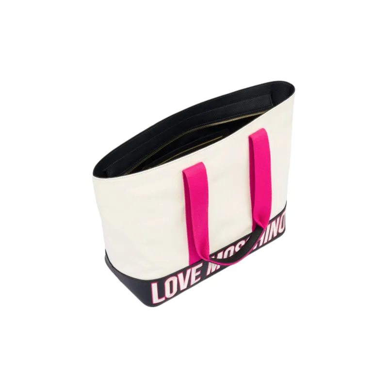 LOVE MOSCHINO Canvas Bag, Tote Bag, Shopping Bag, One Shoulder Bag, Slim Leg Bag Women's White-3