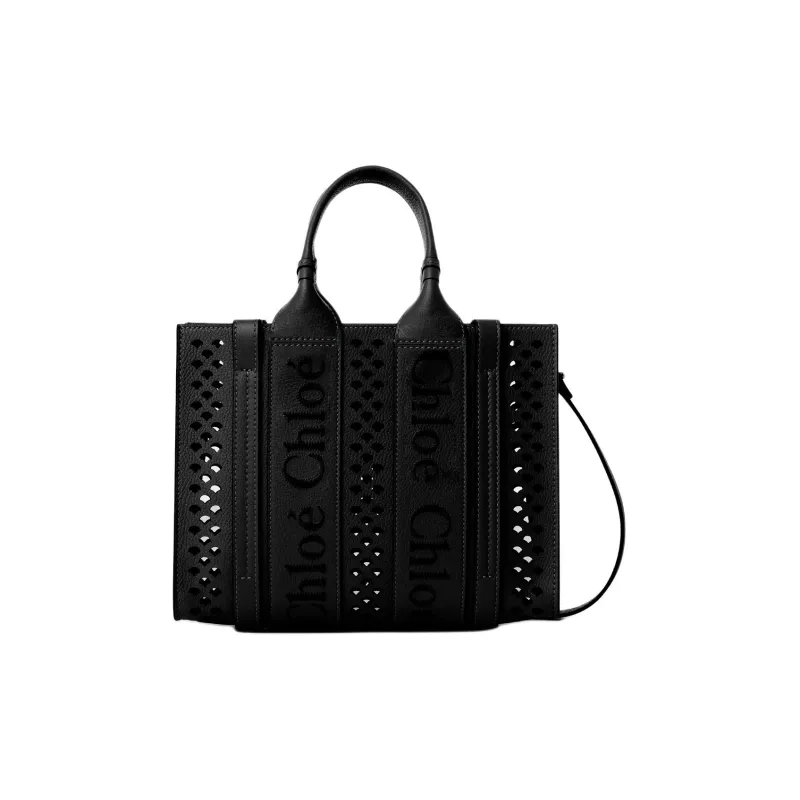 Chloe Woody Grain Calfskin Tote Bag, Shopping Bag, Shoulder Bag, Crossbody Bag, Handbag Small Size Women's Black-0