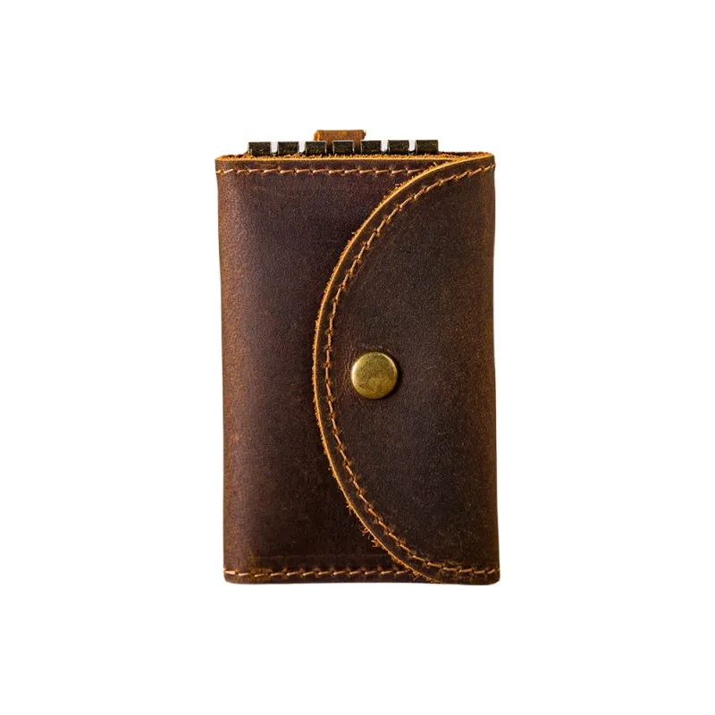 Back Step Top Grain Cow Leather, Genuine Leather Key Card Holder Regular Unisex Coffee-0