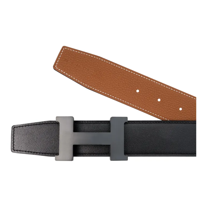 HERMES Togo Calfskin Double Sided Leather Belt Unisex Black/Gold Width  3.8cm-2