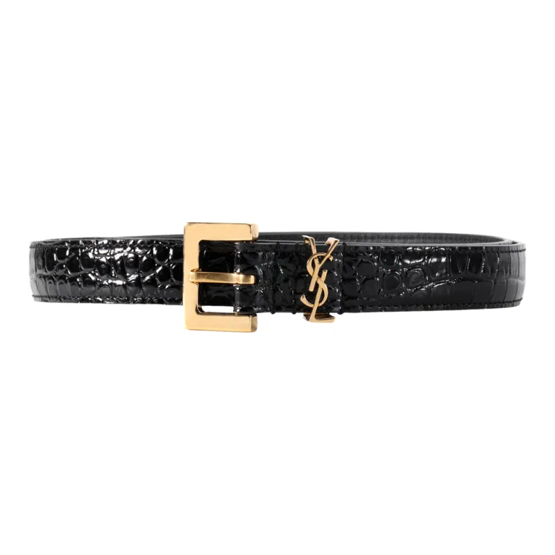 SAINT LAURENT Logo Plaque Square Buckled Embossed Belt-0