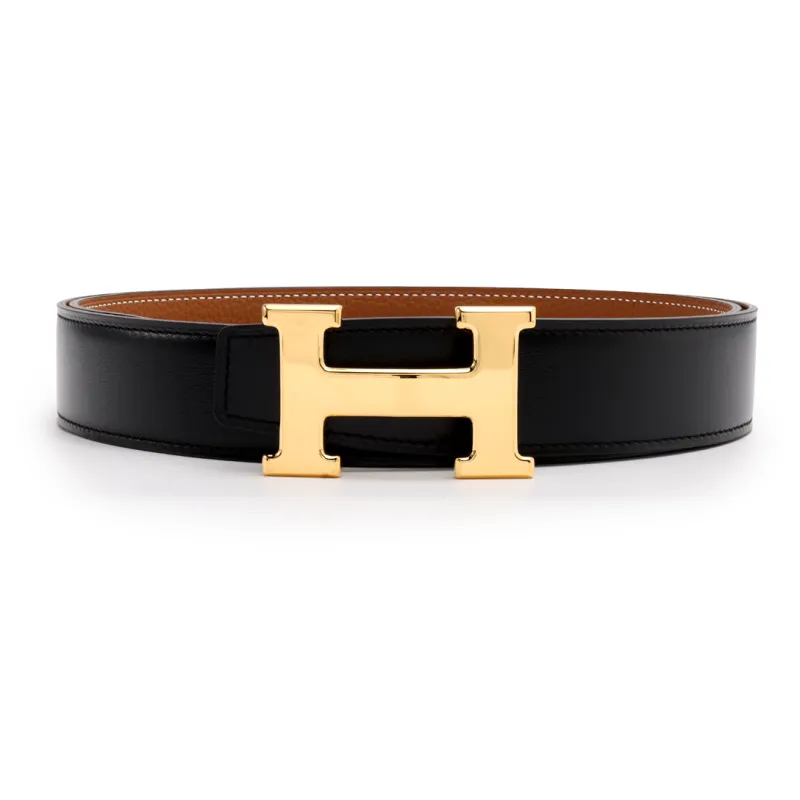 HERMES Cow Leather Leather Belts Unisex Black/Orange Width  3.2cm-0