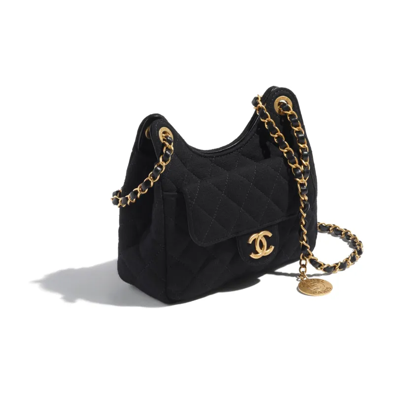 CHANEL 23C Spring HOBO Wool Jersey Knitted Fabric Shoulder Bag, Crossbody Bag Trumpets Women's Black-1