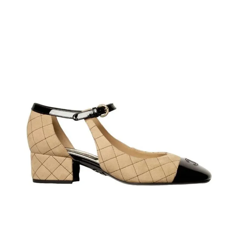 CHANEL Chunky Heel Mary Jane Shoes Women's Beige-1