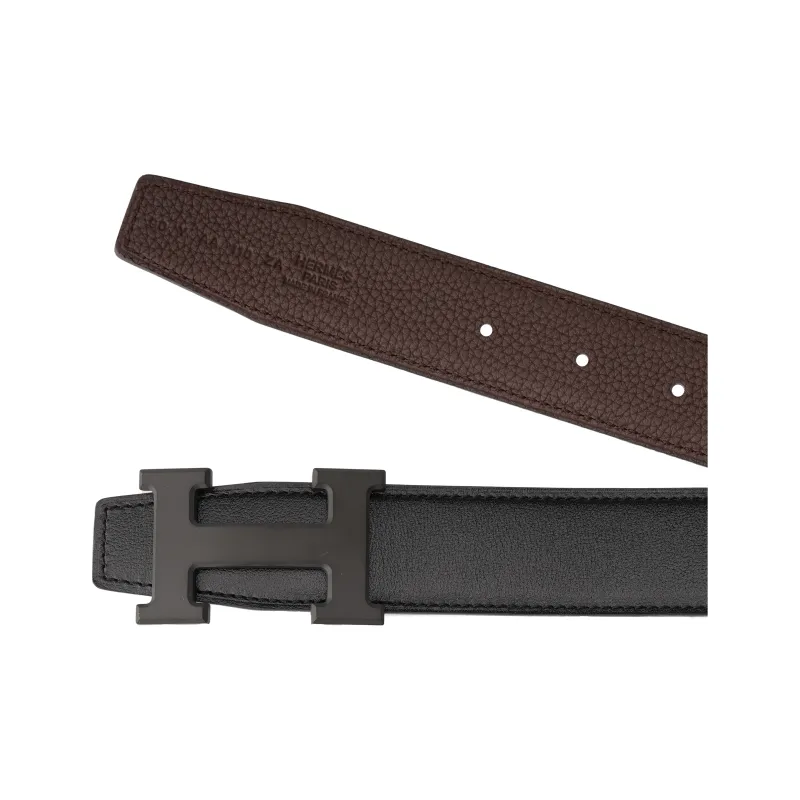 HERMES Togo Calfskin Belt Men's Chocolate/Black Width 3.2cm-3