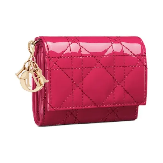 DIOR Lady Dior Patent Leather Wicker Pattern Calfskin Wallet Women's Passion Pink-1
