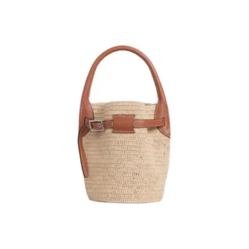 CELINE Raffia With Calfskin Bucket Bag Handbag Nano Women's Natural & Tan