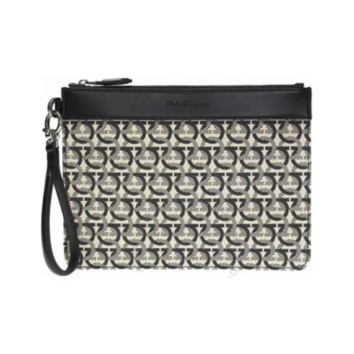 FERRAGAMO Fabric With Calfskin File Folder Clutch Men's Beige & Black