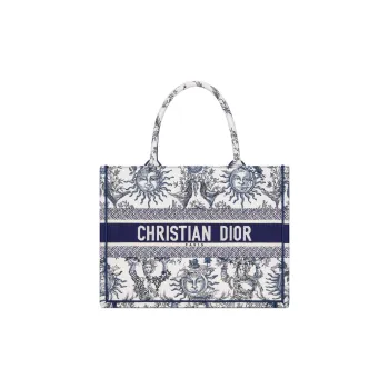 DIOR BookTote Embroidery Tote Bag, Shopping Bag, Shoulder Bag, Handbag Medium Size Women's White & Marine Blue