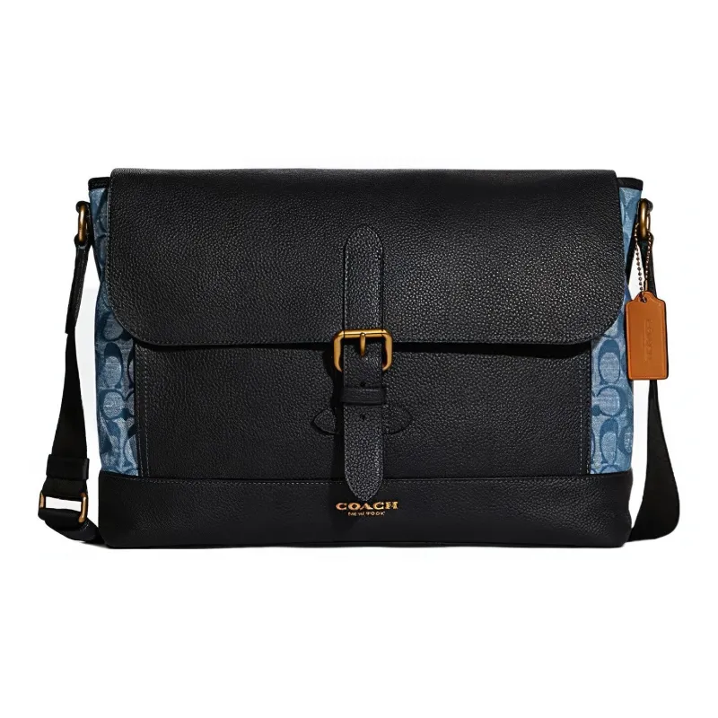 COACH Mulberry Silk Plain Weave Messenger Bag Crossbody Large Size Men's Black Patchwork Denim-0