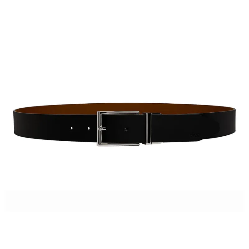 Ecco Pointed Toe With Tail And Front Embossed Brand Logo, Pin Buckle Leather Belts Men's Black-1