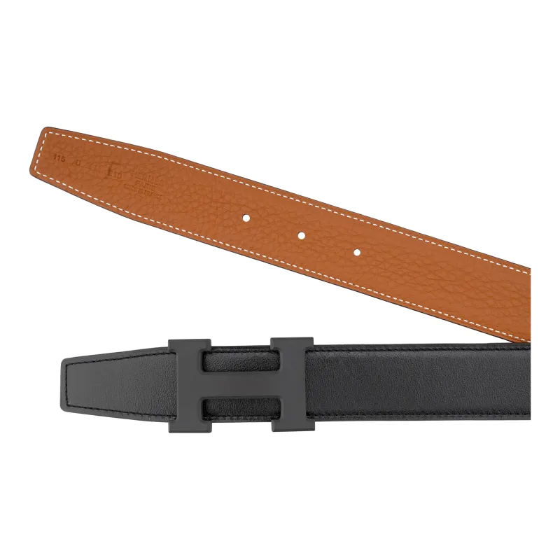 HERMES Togo Calfskin Double Sided Leather Belt Men's Black/Gold Width 3.2cm-3