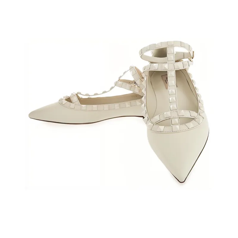 Valentino Rockstud Flat Shoes Women's White-3