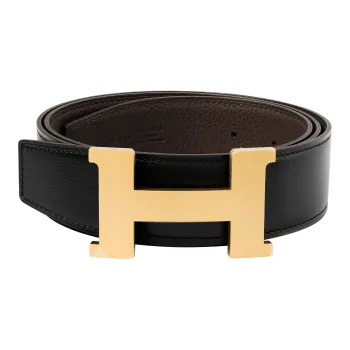 HERMES H Logo Matte Light Gold Buckle Togo Calfskin Double Sided Leather Belt Unisex Black/Chocolate Width  3.8cm