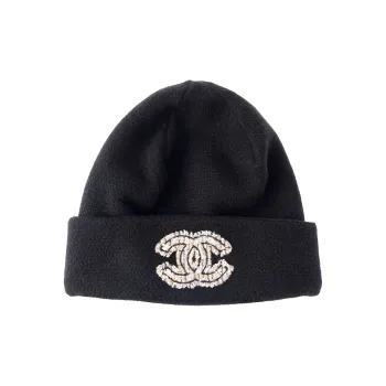 CHANEL Cloche White Beige Cc Logo Beanie AA8603
