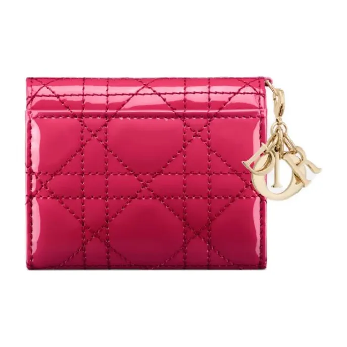 DIOR Lady Dior Patent Leather Wicker Pattern Calfskin Wallet Women's Passion Pink-2