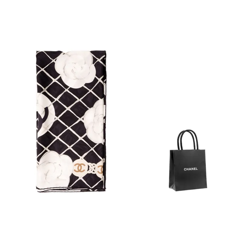 CHANEL Silk Silk Scarves Women's Black White-3