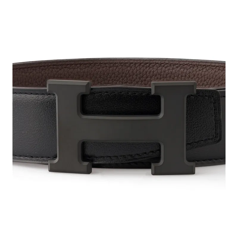 HERMES Togo Calfskin Belt Men's Chocolate/Black Width 3.2cm-1