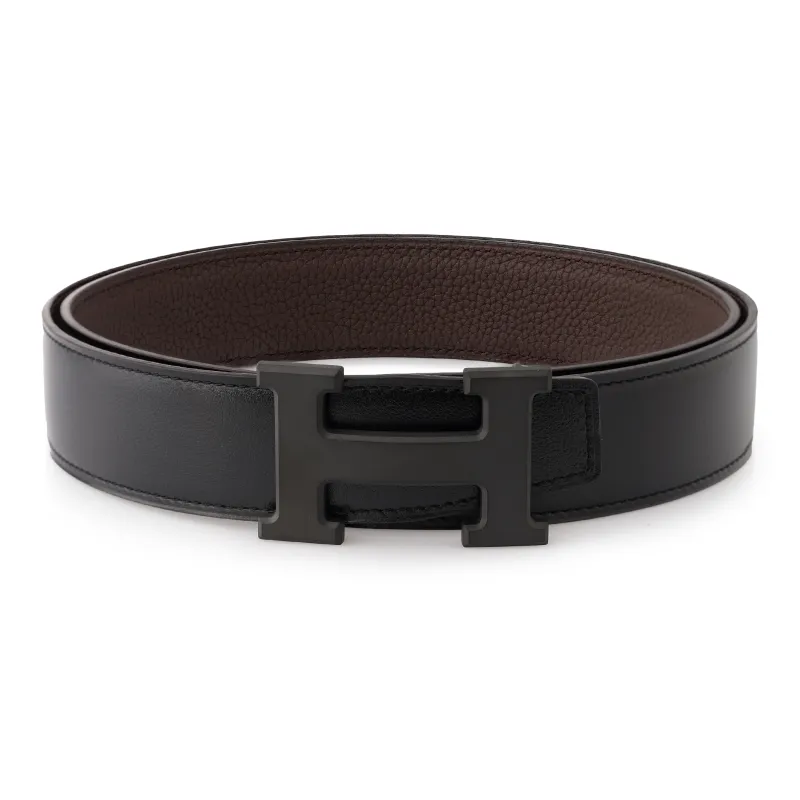 HERMES Togo Calfskin Belt Men's Chocolate/Black Width 3.2cm-0