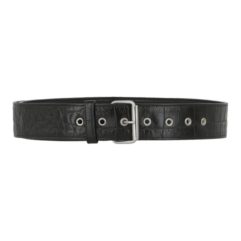 SAINT LAURENT Crocodile Pattern Embossed Pin Buckle Leather Belts Unisex Black Width 5CM-0