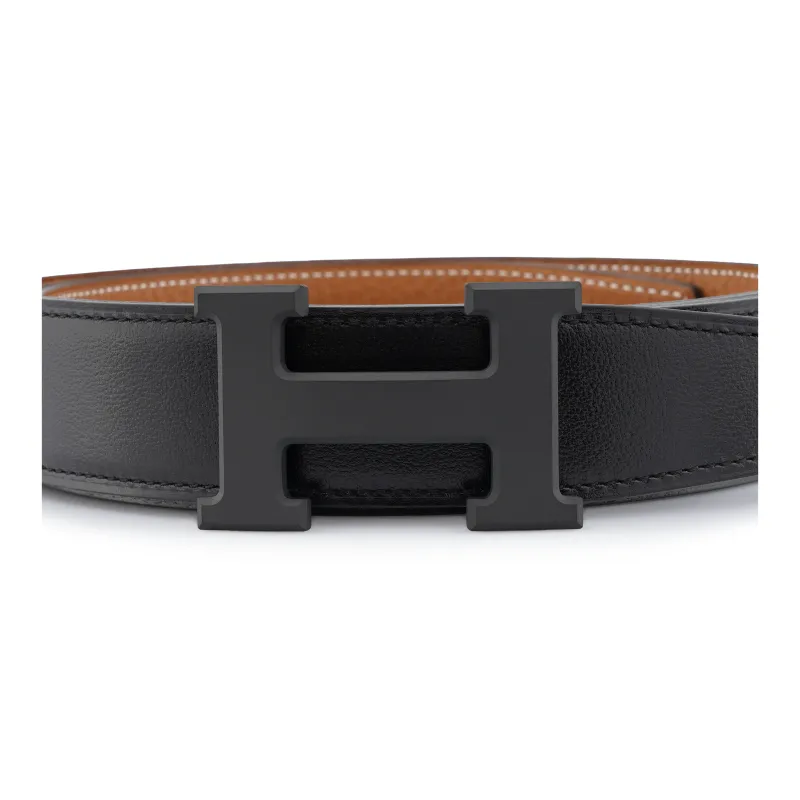 HERMES Togo Calfskin Double Sided Leather Belt Men's Black/Gold Width 3.2cm-1