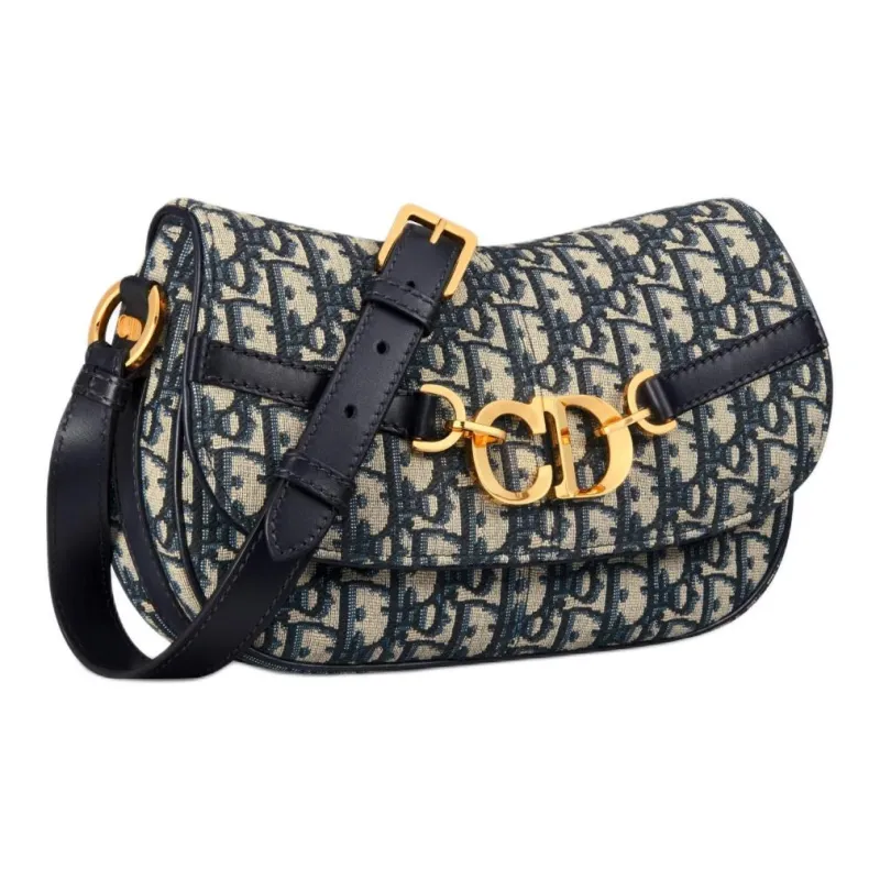 DIOR Oblique Printed Fabric Shoulder Bag Crossbody Bag Small Size Women's Blue-1