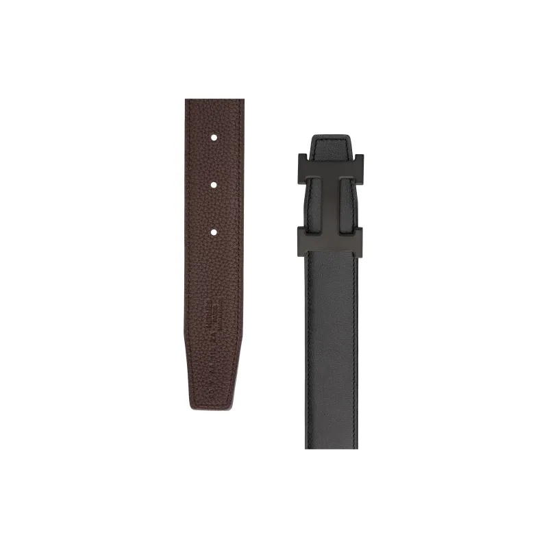 HERMES Togo Calfskin Belt Men's Chocolate/Black Width 3.2cm-2