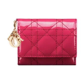 DIOR Lady Dior Patent Leather Wicker Pattern Calfskin Wallet Women's Passion Pink
