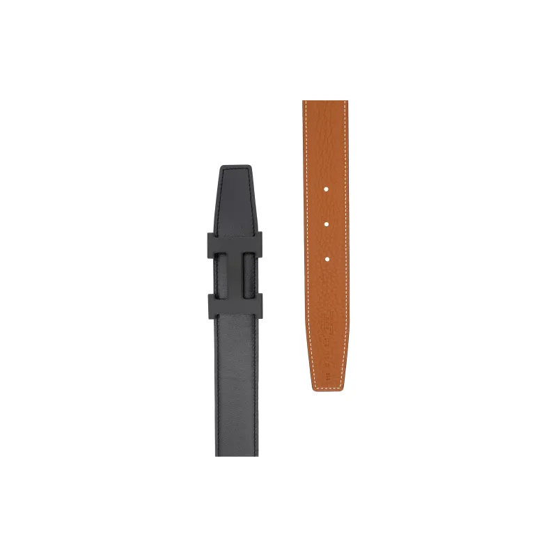 HERMES Togo Calfskin Double Sided Leather Belt Men's Black/Gold Width 3.2cm-2