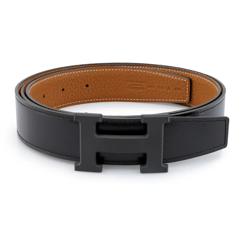 HERMES Togo Calfskin Double Sided Leather Belt Men's Black/Gold Width 3.2cm-0