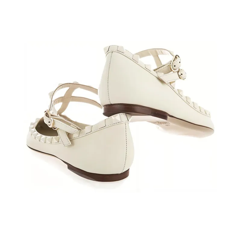 Valentino Rockstud Flat Shoes Women's White-4