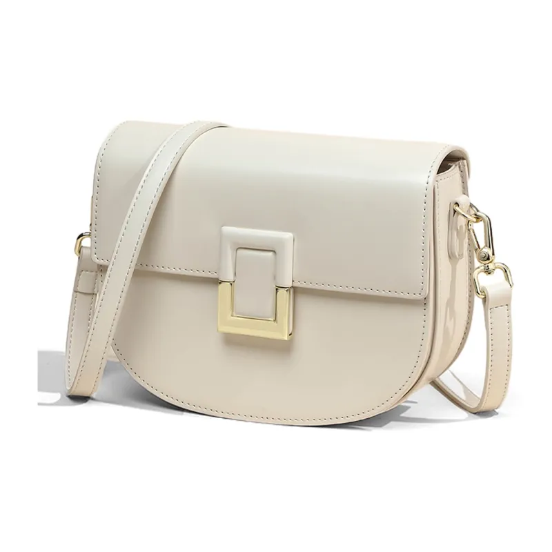 COMELY Cow Leather Patchwork Synthetic Leather Saddle Bag Shoulder Bag Crossbody Bag Regular Women's Milk White-1