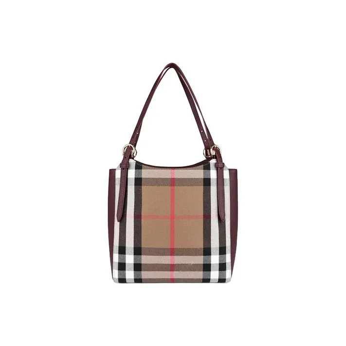 Burberry Canvas With Soft Leather Tote Bag Shopping Bag Handbag Canvas Bag Small Size Women's Mahogany Red-0