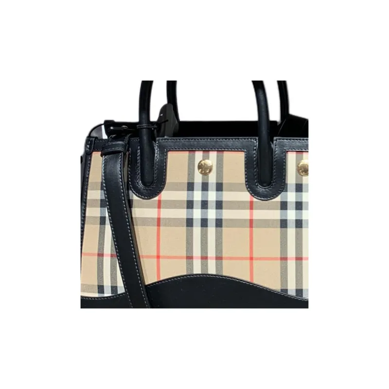 Burberry Canvas With Leather Tote Bag Shopping Bag One Shoulder Crossbody Canvas Bag Handbag Women's Beige & Black-5