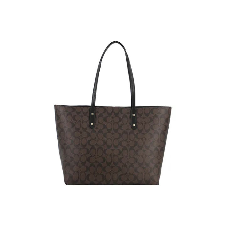 COACH Town Coated Canvas With Smooth Leather Tote Bag, Shopping Bag, Handbag, Shoulder Bag Women's Dark Brown-3