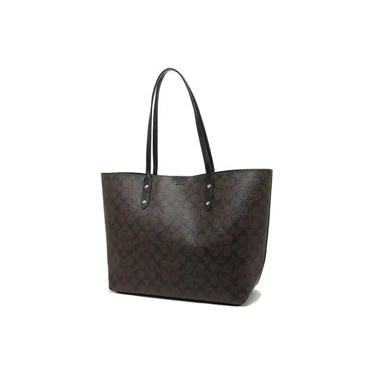 COACH Town Coated Canvas With Smooth Leather Tote Bag, Shopping Bag, Handbag, Shoulder Bag Women's Dark Brown-5