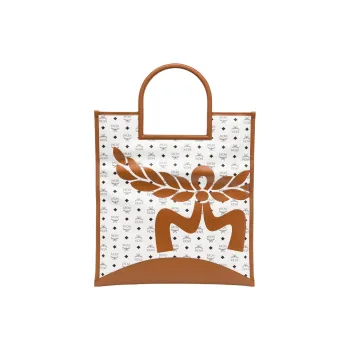 MCM Canvas With Nappa Leather Tote Bag Shopping Bag Handheld Handbag Extra Large Women's White
