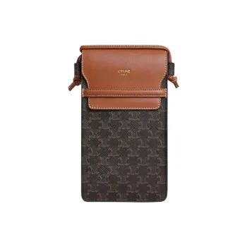 CELINE Canvas With Sheepskin Trim Shoulder Bag Crossbody Bag Cell Phone Pouch Women's Tawny