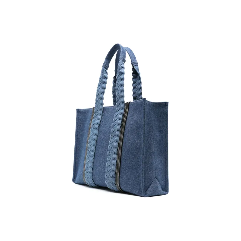 Chloe Woody Cotton With Calfskin Tote Bag Shopping Bag Handbag Large Size Women's Indigo-1