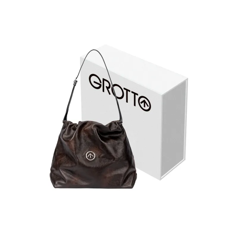GROTTO Cow Leather Trash Bag Shoulder Bag Crossbody Bag Regular Unisex Charcoal Brown-0