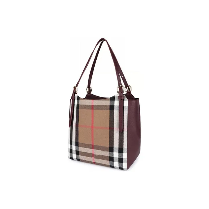 Burberry Canvas With Soft Leather Tote Bag Shopping Bag Handbag Canvas Bag Small Size Women's Mahogany Red-2