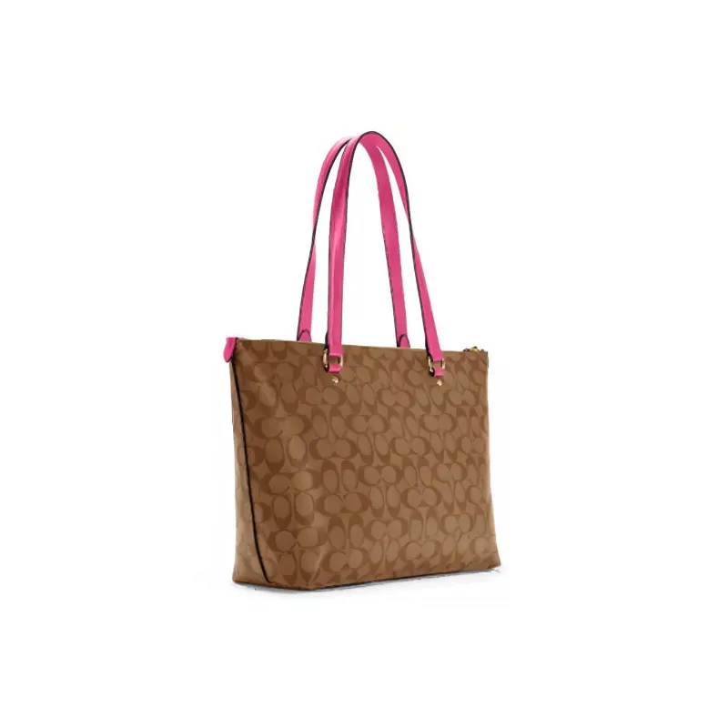 COACH Gallery Canvas With Leather Tote Bag, Shopping Bag, Handbag, Shoulder Bag Women's Dark Brown & Rose Red-1