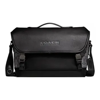 COACH League Cow Leather Patchwork With Fabric Shoulder Bag Crossbody Bag Large Size Women's Black