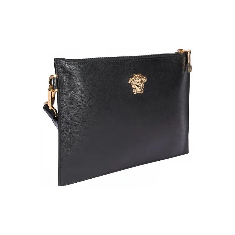 VERSACE Leather Wrist Bag Clutch Trumpets Men's Black-3